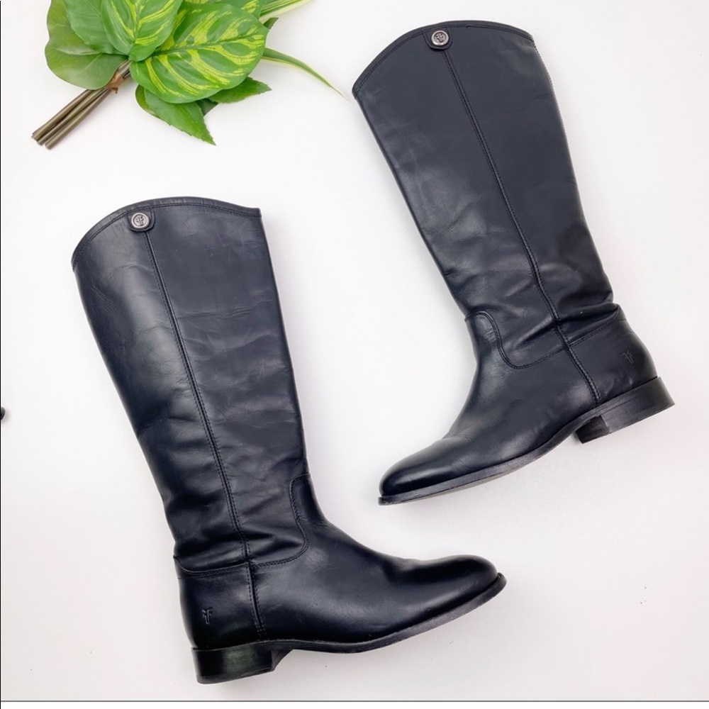 Frye Women's Melissa Button 2 Black Leather Tall Low Heel Flat Riding Boot 8